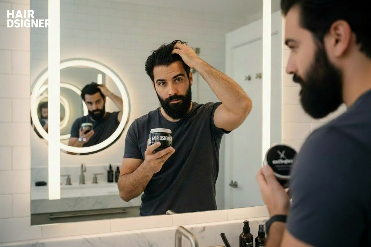 un homme charismatique qui prend soin de lui barbe et cheveux noir qui est en train de se coiffer avec fond de salle de bain et qui utilise un produit avec la marque HAIR DSIGNER  marqué EN GROS dessus marque bien apparente